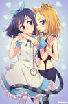  :3 alice_(wonderland) alice_(wonderland)_(cosplay) alice_in_wonderland animal_ears arm_around_neck blonde_hair blue_hair blush blush_stickers brown_eyes cat_ears cat_tail chain cheshire_cat cheshire_cat_(cosplay) choker club_(shape) commentary cosplay diamond_(shape) flip_flappers forehead from_side hair_ribbon heart kemonomimi_mode kokomine_cocona mouth_hold multiple_girls navel niina_ryou pocket_watch puffy_short_sleeves puffy_sleeves purple_eyes ribbon short_sleeves spade_(shape) tail thick_eyebrows thighhighs twitter_username watch wrist_grab yayaka yuri 