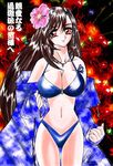  1girl bikini breasts brown_hair cleavage earrings final_fantasy final_fantasy_vii flower jewelry kei_akino large_breasts long_hair navel red_eyes tifa_lockhart 