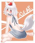  absurdres animal_ears bare_back bare_shoulders barefoot blush breasts embarrassed full_body geroinu hat highres inubashiri_momiji looking_at_viewer looking_back meme_attire open_mouth red_eyes ribbed_sweater short_hair sideboob silver_hair sitting solo sweater tail tokin_hat touhou virgin_killer_sweater wariza wolf_ears wolf_tail 