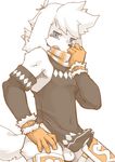  anthro armwear balls blue_eyes blush canine clothed clothing dog erection fur gloves kemoisumi kemono looking_at_viewer male mammal open_mouth panashe penis precum scarf simple_background solo summon_night 