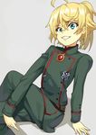  ahoge blonde_hair blue_eyes hair_between_eyes looking_at_viewer military military_uniform parted_lips short_hair sitting smile solo tanya_degurechaff uniform yamamoto_shima youjo_senki 