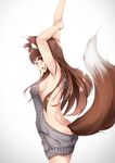  absurdres animal_ears arms_up ass back backless_dress backless_outfit bangs bare_back bare_shoulders breasts brown_hair c_(pixiv3064042) cowboy_shot dress fang from_behind grey_dress halterneck hand_on_own_arm highres holo legs_together long_hair looking_at_viewer looking_back medium_breasts meme_attire naked_sweater no_bra no_panties one_eye_closed open_mouth red_eyes ribbed_sweater shoulder_blades sideboob simple_background solo spice_and_wolf stretch sweater sweater_dress tail tearing_up turtleneck turtleneck_sweater virgin_killer_sweater white_background wolf_ears wolf_tail 