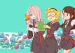  belt blonde_hair book brown_eyes brown_hair closed_eyes collared_shirt drooling glasses green_background half-closed_eyes holding holding_book kagari_atsuko little_witch_academia long_hair lotte_jansson luna_nova_school_uniform multiple_girls mushroom neck_ribbon official_art open_mouth pale_skin pink_hair red_eyes ribbon school_uniform semi-rimless_eyewear shirt short_hair sparkling_eyes sucy_manbavaran takeda_naoki 