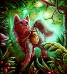  2017 alternate_color amazing_background ambiguous_gender bag berry black_nose blue_eyes canine chibity detailed_background fangs feral fern fluffy fluffy_tail food forest fruit fur green_theme grey_fur hi_res leaf mammal mushroom nature nintendo outside plant pointy_ears pok&eacute;mon poochyena quadruped red_fur red_theme saddle_bag solo spider_web tree video_games vines yellow_sclera 