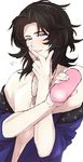  artificial_vagina black_hair blue_eyes blush cum finger_licking granblue_fantasy heart holding jewelry lancelot_(granblue_fantasy) licking looking_at_viewer male_focus naughty_face necklace off_shoulder ring simple_background siwomi smile solo upper_body white_background 