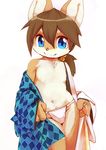 anthro blue_eyes bulge canine clothed clothing cub fox fundoshi fur hair japanese_clothing kemoisumi kemono looking_at_viewer male mammal navel nipples pawpads simple_background smile solo topless underwear white_background young 