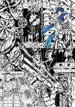  absurdres blue_eyes blue_hair chain clock clogs gears highres kaito lens male_focus monochrome pendulum pipes solo spot_color steampunk teito_(teito10) telescope ventilation_shaft vocaloid 