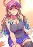  bangs bare_arms bare_shoulders baseball_cap black_legwear black_tank_top blonde_hair blue_hair blue_shorts breasts bright_pupils chiha_(abo_ecm_mk25) cleavage collarbone commentary_request covered_navel covered_nipples denim denim_shorts dragon_girl gradient_hair green_eyes grin hair_spread_out half-closed_eyes hat heterochromia high-waist_shorts highres horns horns_through_headwear kobayashi-san_chi_no_maidragon large_breasts lips long_hair looking_at_viewer mature multicolored multicolored_eyes multicolored_hair no_bra parted_lips purple_eyes quetzalcoatl_(maidragon) shorts sitting slit_pupils smile solo tank_top teeth thighhighs very_long_hair wide_hips 