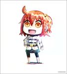  ahoge belt chibi commentary_request fate/grand_order fate_(series) fujimaru_ritsuka_(female) full_body hand_on_hip jacket kei-suwabe open_mouth orange_eyes red_hair riyo_(lyomsnpmp)_(style) shadow shorts side_ponytail smile solo twitter_username white_background white_jacket 