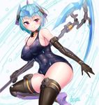  artist_name black_gloves black_legwear blue_hair blush breasts cleavage covered_nipples doyouwantto elbow_gloves frame_arms_girl gloves headgear hresvelgr large_breasts mecha_musume one-piece_swimsuit purple_eyes school_swimsuit scythe short_hair smile solo swimsuit thighhighs 