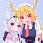  8041mm :d beads blue_eyes blush capelet dragon_girl gloves gradient_hair hair_beads hair_ornament hairband horns kanna_kamui kobayashi-san_chi_no_maidragon lavender_hair long_hair looking_at_viewer low_twintails lowres maid maid_headdress multicolored_hair multiple_girls open_mouth pink_hair red_eyes silver_hair slit_pupils smile tooru_(maidragon) twintails upper_body white_gloves 