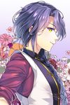  bangs braid chinese_clothes closed_mouth eyebrows_visible_through_hair eyelashes floral_background flower from_side fushigi_yuugi gradient gradient_background hair_over_shoulder long_hair looking_at_viewer male_focus nasubi_(w.c.s) nuriko_(fushigi_yuugi) orange_flower otoko_no_ko pink_flower profile purple_background purple_flower purple_hair red_flower red_rose rose sideways_glance single_braid sleeves_rolled_up smile solo upper_body white_flower yellow_eyes 