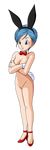  1girl bangs blue_eyes blue_hair bowtie bulma bunny_ears bunny_suit bunny_tail cleft_of_venus crossed_arms detached_collar dragon_ball_super dragonball ear_studs fake_animal_ears high_heels nude red_shoes shaved_pussy shoes short_hair simple_background solo standing tagme transparent_background uncensored wrist_cuffs 