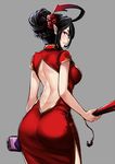  ahoge ass back backless_dress backless_outfit black_eyes black_hair breasts china_dress chinese_clothes closed_fan commentary cowboy_shot dress fan folding_fan from_behind glasses hair_bun highres holding holding_fan kaorihero looking_at_viewer looking_back medium_breasts original parted_lips pointy_ears profile semi-rimless_eyewear short_sleeves side_slit solo 