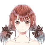  :3 bangs bare_shoulders black_bow blue_reflection blush bow braid brown_eyes closed_mouth collarbone eyebrows_visible_through_hair hair_bow hair_ribbon ichinose_ako kishida_mel light_smile long_hair looking_at_viewer medium_hair official_art portrait red_hair ribbon sidelocks simple_background solo striped striped_bow twin_braids twintails white_background 