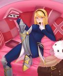  armor armored_boots blonde_hair blue_bodysuit blue_eyes bodysuit boots box_of_chocolates chocolate chocolate_heart gloves hairband heart highres league_of_legends licking long_hair looking_at_viewer luxanna_crownguard lying maomi_wo on_chair pillow poro_(league_of_legends) solo tongue tongue_out white_gloves 