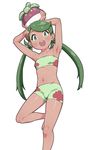  :o armpits arms_up bandeau bare_arms bare_legs barefoot bikini blush bounsweet breasts cameltoe cleavage dark_skin floral_print gen_1_pokemon gen_7_pokemon green_eyes green_hair hair_ornament holding legs long_hair looking_at_viewer mao_(pokemon) navel open_mouth pokemon pokemon_(anime) pokemon_(creature) pokemon_sm_(anime) simple_background small_breasts solo staryu stomach strapless swimsuit torathi trial_captain twintails white_background 