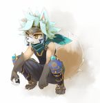  anthro armor canine chewing claws clothed clothing crouching eating food fox fur hair kemoisumi kemono leggings legwear male mammal onigiri rice_ball scarf simple_background solo yellow_eyes young 