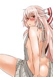  :o alternate_costume ass backless_outfit bangs bare_arms bare_back bare_shoulders blush bow breasts butt_crack dress from_behind fujiwara_no_mokou hair_between_eyes hair_bow heiseikorotaisei long_hair looking_at_viewer looking_back medium_breasts meme_attire naked_sweater red_eyes revealing_clothes sideboob silver_hair solo sweater sweater_dress touhou virgin_killer_sweater white_bow 