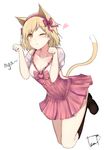  animal_ears blonde_hair boots brown_eyes brown_footwear buttons cat_ears cat_tail collarbone djeeta_(granblue_fantasy) granblue_fantasy hairband heart kemonomimi_mode knee_boots linez looking_at_viewer one_eye_closed paw_pose pink_hairband pink_ribbon ribbon short_hair short_sleeves signature simple_background solo tail white_background 