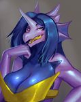  2017 amethystdust_(character) anthro big_breasts blue_hair blue_scales breasts bust_portrait cleavage clothed clothing dragon female grey_background hair hawkilla long_hair looking_at_viewer open_mouth portrait purple_scales scales scalie sharp_teeth simple_background solo teeth yellow_eyes yellow_tongue 
