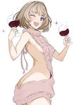  ;d alcohol ass backless_dress backless_outfit bare_back bare_shoulders blue_eyes blush breasts brown_hair cowboy_shot cup dress drinking_glass highres idolmaster idolmaster_cinderella_girls looking_at_viewer looking_back meme_attire mole mole_under_eye naked_sweater nylon one_eye_closed open_mouth short_hair sideboob simple_background small_breasts smile solo sparkle sweater sweater_dress takagaki_kaede virgin_killer_sweater white_background wine wine_glass 