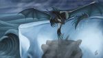  ambiguous_gender claws detailed_background digital_media_(artwork) dragon dsw7 feral horn ice lying membranous_wings outside sky smile wings 