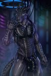  2017 android anthro balls blue_eyes dragon flaccid horn inside knot looking_at_self machine male nude pecs penis rakisha robot scalie smile solo standing teeth western_dragon wires 