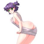  arched_back ass backless_outfit bare_back bare_shoulders breasts cowboy_shot dress from_side green_eyes highres huyase leaning_forward looking_at_viewer looking_to_the_side medium_breasts meme_attire naked_sweater open_mouth original partially_visible_anus partially_visible_vulva purple_hair short_hair short_twintails sideboob simple_background solo sweater sweater_dress turtleneck turtleneck_sweater twintails unyl-chan virgin_killer_sweater white_background 
