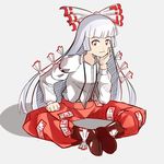  boots bow chin_rest clenched_hand fujiwara_no_mokou full_body gradient_ray hair_bow hair_ribbon hand_on_own_cheek hand_on_own_face long_hair long_sleeves looking_at_viewer ofuda pants red_eyes ribbon silver_hair sitting smile solo suspenders touhou very_long_hair 