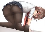  all_fours ass black_legwear brown_eyes brown_hair from_behind knees_together_feet_apart lace lace_panties looking_at_viewer looking_back mizushina_minato necktie no_shoes original panties panties_under_pantyhose pantyhose pleated_skirt school_uniform shirt short_hair skirt solo striped striped_shirt thighband_pantyhose underwear vertical-striped_shirt vertical_stripes 