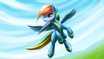  2017 blue_feathers clothing cloud equine feathered_wings feathers female feral flying friendship_is_magic hair hi_res landscape mammal multicolored_hair multicolored_tail my_little_pony outside pegasus purple_eyes rainbow_dash_(mlp) rainbow_hair rainbow_tail sky smile solo uniform wings wonderbolts_(mlp) zigword 