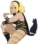  animal bare_shoulders blonde_hair cat commentary_request dark_skin dress dusty_(gravity_daze) eating food full_mouth gravity_daze hairband jinroku kitten_(gravity_daze) leotard long_hair looking_at_viewer plump red_eyes scarf simple_background sitting strapless strapless_dress thick_thighs thighs vambraces white_background 