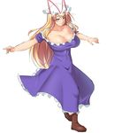  absurdres bangs blonde_hair blush boots breasts brown_footwear cleavage collarbone dress eyebrows_visible_through_hair frilled_dress frills full_body hands_up hat hat_ribbon highres impossible_clothes impossible_dress large_breasts long_hair looking_down mob_cap mokkori9 navel outstretched_arm purple_dress purple_eyes ribbon shiny shiny_hair shiny_skin short_sleeves sidelocks simple_background sketch smile solo spinning taut_clothes taut_dress touhou very_long_hair white_background yakumo_yukari 