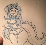 2017 alligator anthro big_breasts breasts cleavage clothed clothing crocodilian female hair half-closed_eyes long_hair looking_down matz matzzacre monochrome open_mouth reptile scales scalie shorts smile solo thick_thighs traditional_media_(artwork) wide_hips 