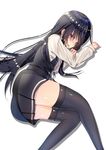  asashio_(kantai_collection) ass bangs belt black_hair black_legwear blue_eyes blush dress eyebrows_visible_through_hair highres kantai_collection long_hair long_sleeves lying on_side pinafore_dress remodel_(kantai_collection) simple_background sketch solo tetora_pod thighhighs white_background 