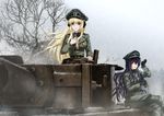  beatrix_bremer black_gloves black_hair blonde_hair blue_eyes commentary_request genya_(genya67) germany gloves ground_vehicle hat headset highres irisdina_bernhard long_hair looking_at_viewer microphone military military_uniform military_vehicle motor_vehicle multiple_girls muvluv peaked_cap red_eyes schwarzesmarken sitting snow snowing tank telescope tiger_i uniform very_long_hair waving wind world_war_ii 