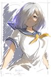  arms_at_sides blue_eyes breasts hair_over_one_eye hamakaze_(kantai_collection) isshiki_(ffmania7) kantai_collection large_breasts lips looking_at_viewer sailor_collar school_uniform serafuku serious short_hair short_sleeves silver_hair sketch solo twitter_username upper_body 