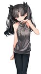  alternate_costume bare_shoulders black_bow black_hair black_legwear blue_eyes bow eyebrows_visible_through_hair fate/stay_night fate_(series) finger_to_mouth hair_bow long_hair looking_at_viewer meme_attire pantyhose pokan_(xz1128) simple_background solo sweater toosaka_rin turtleneck turtleneck_sweater two_side_up virgin_killer_sweater white_background 