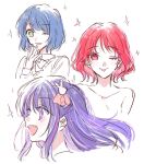  3girls arima_kana bare_shoulders blue_eyes blue_hair blush bow bowtie collarbone collared_shirt enefue english_commentary hair_between_eyes hair_ornament hair_ribbon hand_up highres hoshino_ai_(oshi_no_ko) kurokawa_akane long_hair long_sleeves looking_at_viewer looking_to_the_side multicolored_eyes multicolored_hair multiple_girls one_eye_closed open_mouth oshi_no_ko pink_eyes pink_hair pink_ribbon purple_eyes purple_hair rabbit_hair_ornament red_eyes red_hair ribbon shirt short_hair sidelocks simple_background smile sparkle star-shaped_pupils star_(symbol) symbol-shaped_pupils teeth tongue tongue_out two-tone_hair upper_body vest white_background 