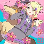  1girl :d ace_trainer_(pokemon) blonde_hair buttons commentary_request falling_petals flower hands_up happy highres holding holding_poke_ball long_hair long_sleeves open_mouth petals pink_flower poke_ball poke_ball_(basic) pokemon pokemon_(creature) pokemon_xy sawsbuck shirt skirt smile sutokame swept_bangs yellow_eyes 