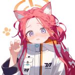  1girl absurdres animal_ear_fluff animal_ears blue_archive blush bow cat_ears extra_ears hair_bow halo highres jacket long_hair long_sleeves looking_at_viewer open_mouth orange_halo purple_eyes red_hair simple_background solo tears white_background white_bow white_jacket xsan yuzu_(blue_archive) 