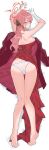  1girl absurdres aru_(blue_archive) aru_(dress)_(blue_archive) ass bare_legs barefoot bed_sheet blue_archive blush breasts coat dakimakura_(medium) demon_horns dress gloves halo highres horns kneepits large_breasts looking_at_viewer looking_back lying median_furrow official_alternate_costume on_stomach panties pantyshot pink_hair red_coat red_dress soles solo underwear unworn_coat white_gloves white_panties yakihoko 