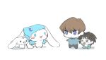  2boys baby black_hair blue-eyes_white_dragon blue-eyes_white_dragon_(cosplay) blue_eyes blush_stickers brown_hair character_request chibi cinnamoroll cosplay kaiba_mokuba kaiba_seto medium_hair moemoenomori multiple_boys pacifier sanrio short_hair spiked_hair white_background yu-gi-oh! yu-gi-oh!_duel_monsters 