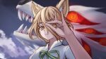  1girl absurdres animal_ear_fluff animal_ears blonde_hair chainsaw_man chunjiu closed_mouth commentary_request extra_eyes fox_devil_(chainsaw_man) fox_ears fox_shadow_puppet green_ribbon hair_between_eyes highres kudamaki_tsukasa looking_at_viewer monster neck_ribbon red_eyes ribbon romper sharp_teeth short_hair solo teeth touhou white_romper yellow_eyes 