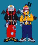  2boys backpack bag bat_wings beanie black_footwear black_jacket black_wings blue_background blue_headwear blue_pants boots bright_pupils cigarette covered_mouth fashion feathered_wings full_body fur_hat gloves goggles goggles_on_headwear grey_footwear grey_wings hand_in_pocket hands_in_pockets hat high_collar highres hiking_pole jacket kuzuha_(nijisanji) lauren_iroas looking_ahead looking_at_viewer male_focus multiple_boys nasi_w2 nijisanji pants partially_unzipped red_bag red_eyes red_hair red_pants simple_background smoke_trail smoking standing sticker_on_clothes too_many_stickers ushanka white_gloves white_pupils wings winter_clothes yellow_headwear yellow_jacket zipper 