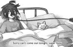  1boy bed closed_eyes crossed_bangs english_commentary english_text furret greyscale hair_between_eyes holding holding_phone indoors kieran_(pokemon) male_focus monochrome ogerpon on_bed phone pillow pokemon pokemon_(creature) pokemon_sv shirt shiseptiana short_sleeves sleeping sprigatito t-shirt under_covers 