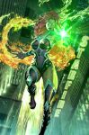  1girl breasts city colored_skin comic_cover cover_image dc_comics fire flying glowing glowing_eyes glowing_hand green_eyes highres kael_ngu leotard long_hair medium_breasts official_art open_hand orange_skin parted_lips purple_leotard purple_thighhighs red_hair solo starfire teen_titans thighhighs v-shaped_eyebrows very_long_hair 