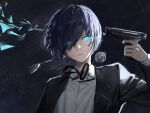  1boy aqua_eyes black_jacket blue_hair closed_mouth collared_shirt commentary_request glowing glowing_eyes gun hair_over_one_eye handgun hidulume highres holding holding_gun holding_weapon jacket long_sleeves looking_at_viewer male_focus one_eye_covered persona persona_3 shirt short_hair solo upper_body weapon white_shirt yuuki_makoto_(persona_3) 