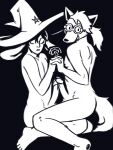 anthro bodily_fluids chujin_(undertale_yellow) clothing cum dracozhilla duo genital_fluids girly hair hand_holding hat headgear headwear hi_res human humanoid looking_at_viewer male male/male mammal no_pupils nude ponytail rabbit_ears sitting_on_another touching_tips undertale_yellow wizard_hat